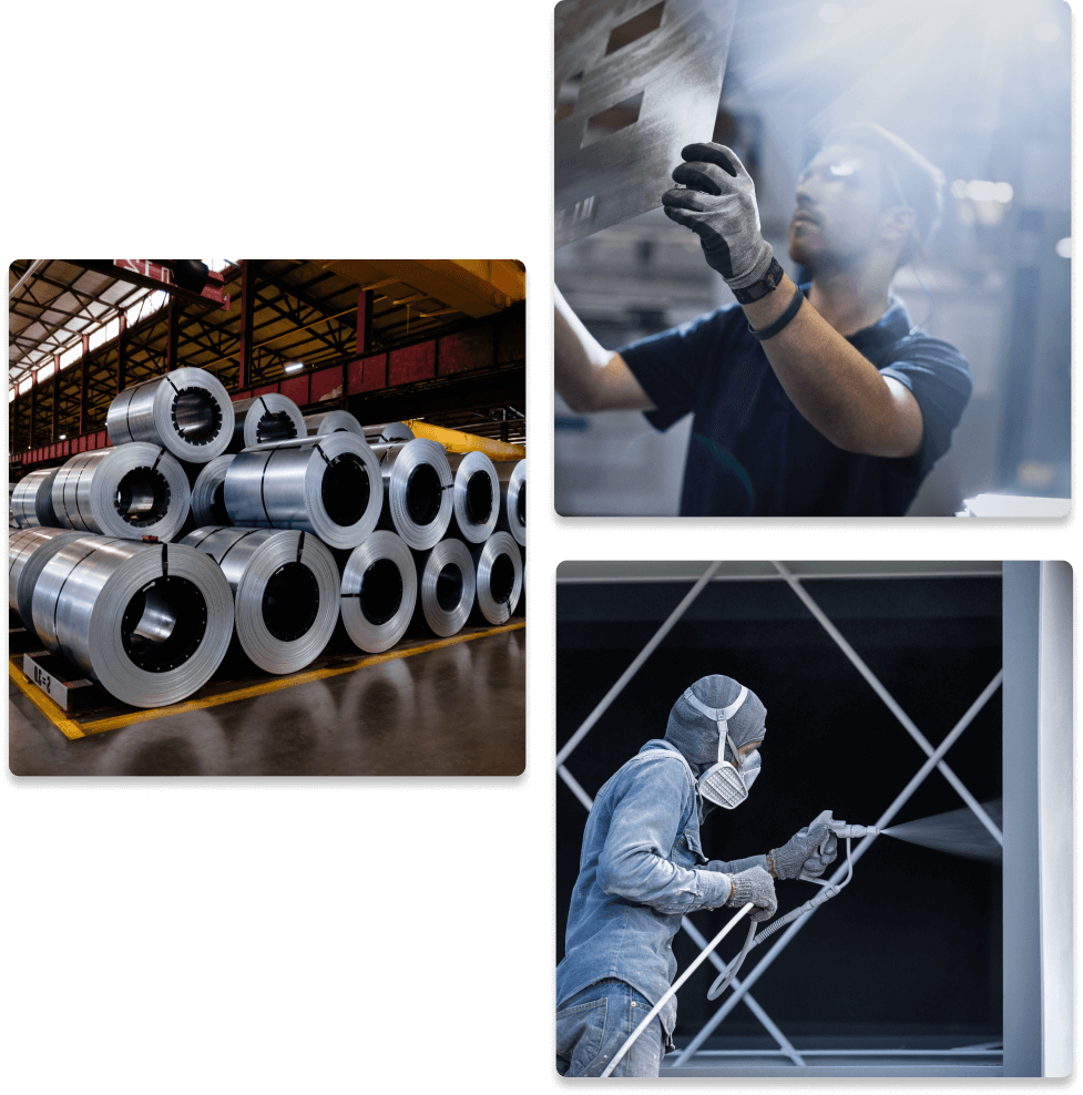 A collage related to industrial work and research.