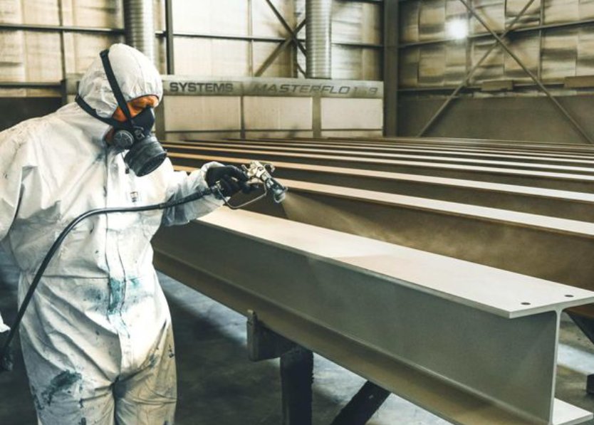 a person in a white protective suit spraying a metal beam